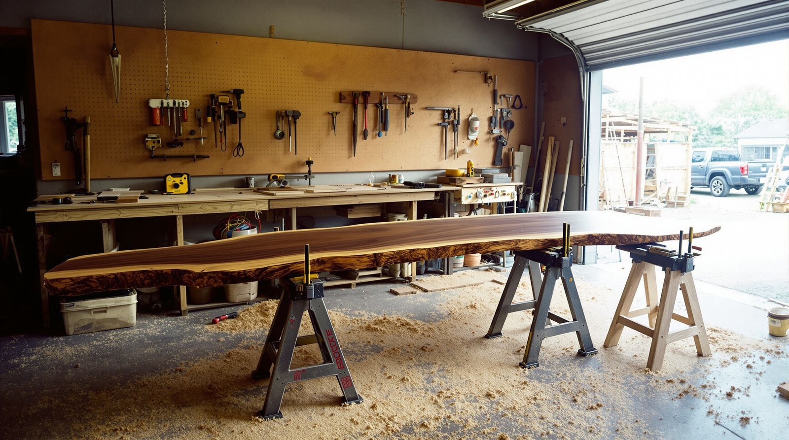 The workshop with a slab clamped on sawhorses, sawdust on the floor, roller door open