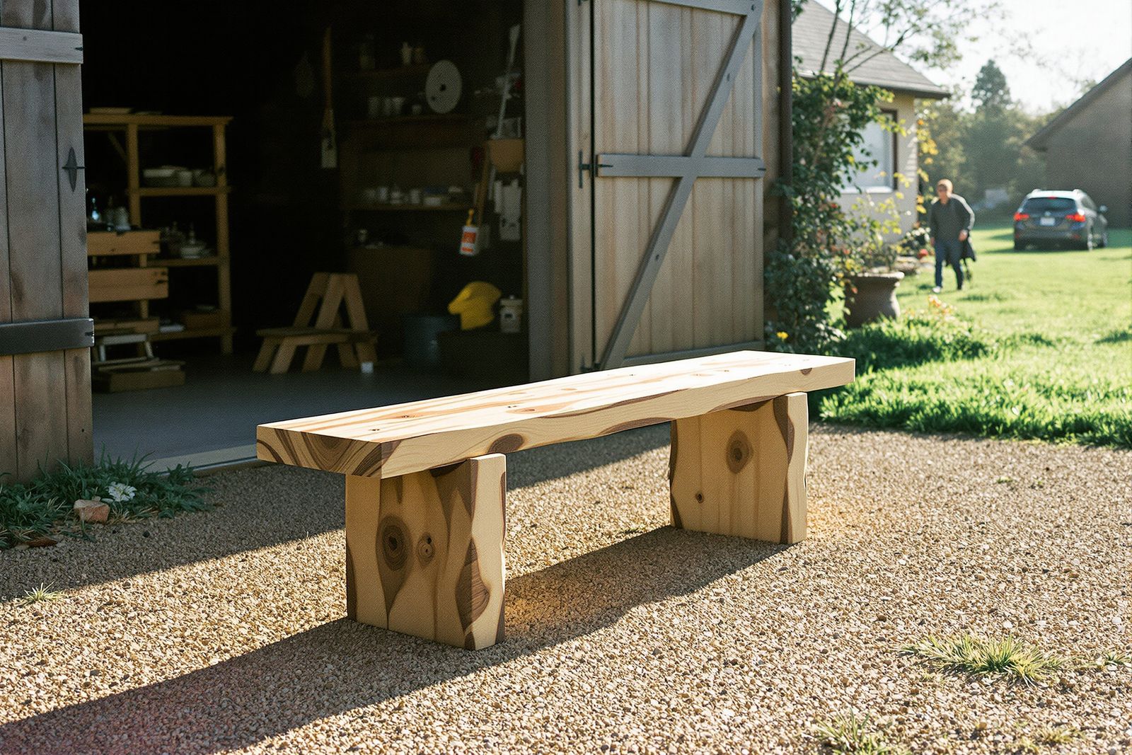 A finished bench standing outside the workshop in late sun